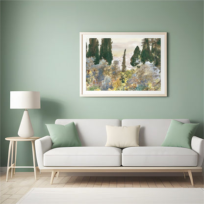 Immerse yourself in the serene beauty of this forest scene, where mist gently cloaks the lush, for Hall