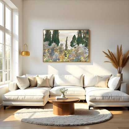 Immerse yourself in the serene beauty of this forest scene, where mist gently cloaks the lush, for Living Room