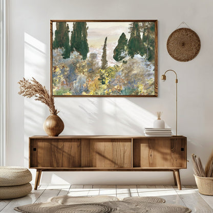 Immerse yourself in the serene beauty of this forest scene, where mist gently cloaks the lush, for Sitting Area
