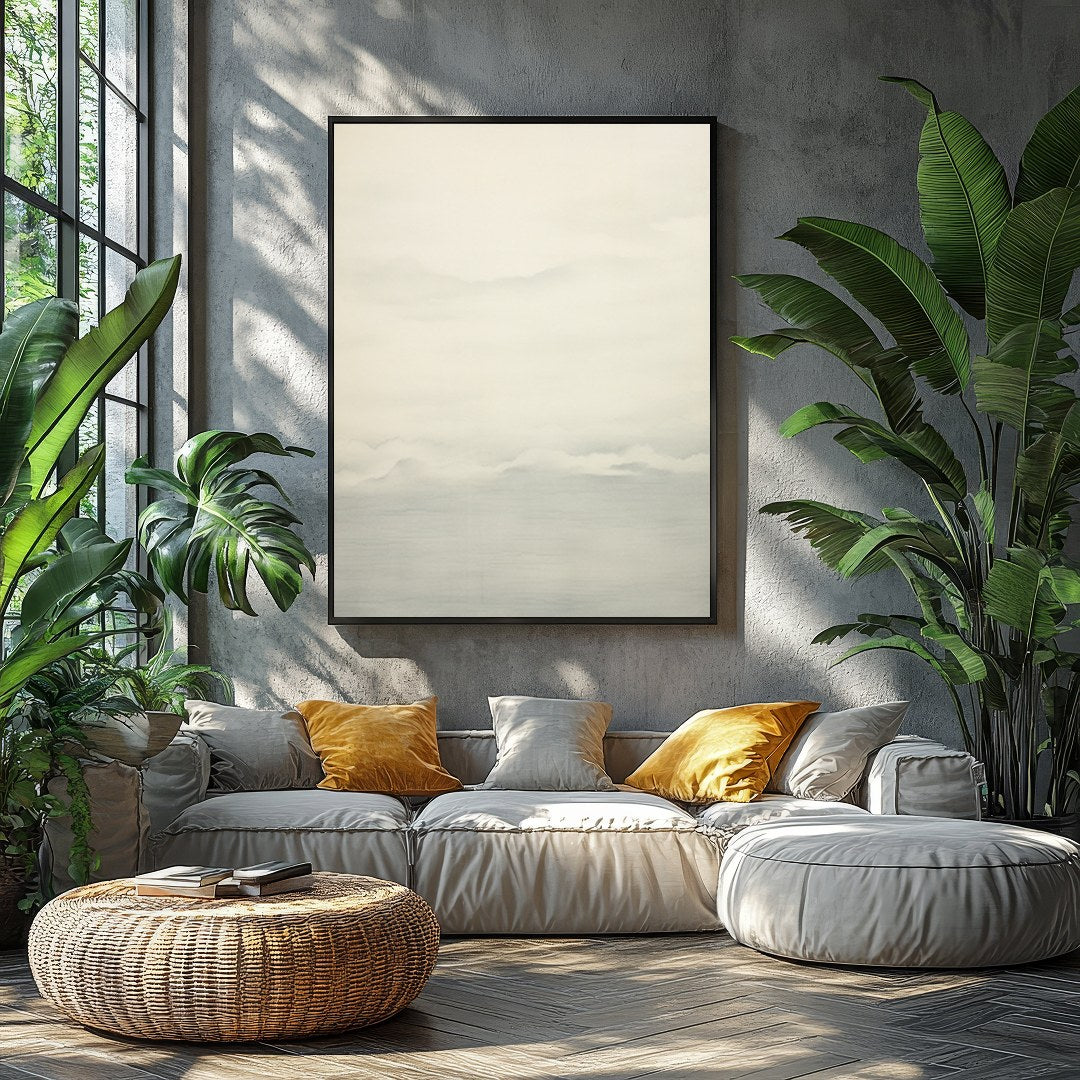 This captivating artwork captures the serene beauty of a misty horizon with delicate shades of for Balcony