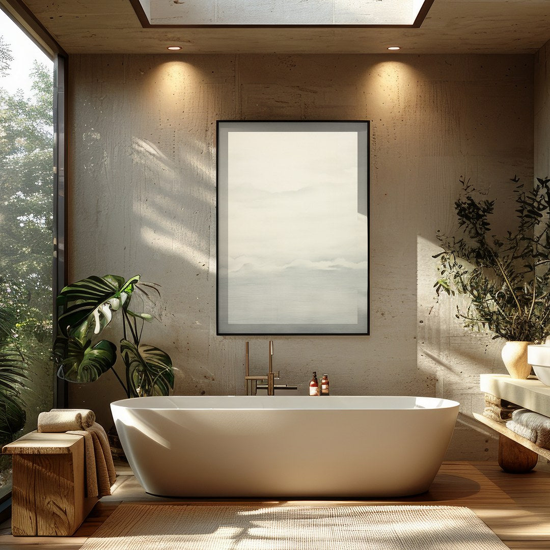 This captivating artwork captures the serene beauty of a misty horizon with delicate shades of for Bathroom