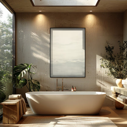 This captivating artwork captures the serene beauty of a misty horizon with delicate shades of for Bathroom