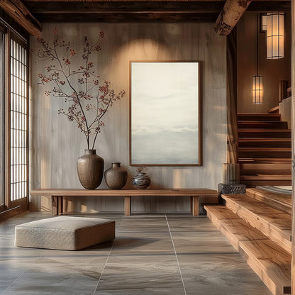 This captivating artwork captures the serene beauty of a misty horizon with delicate shades of for Hall
