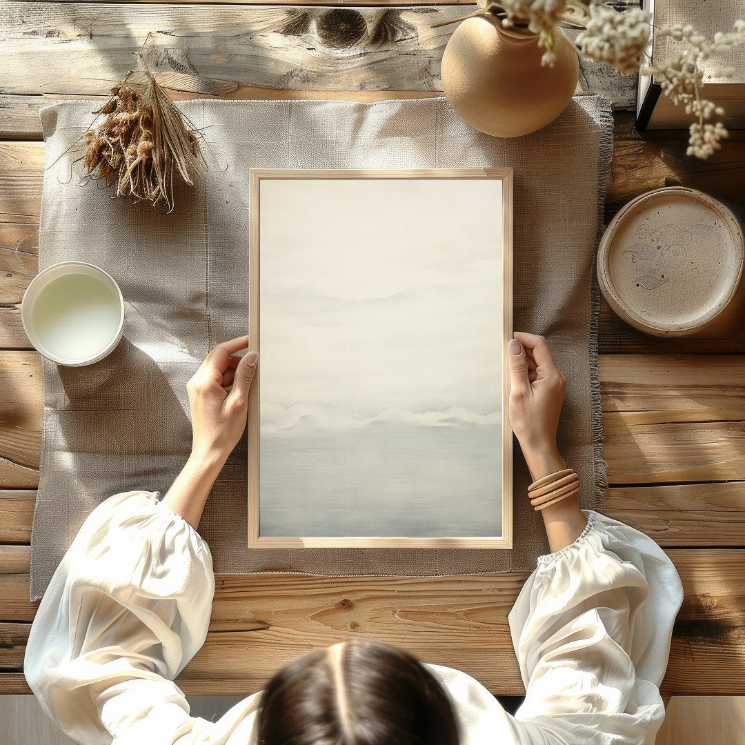 This captivating artwork captures the serene beauty of a misty horizon with delicate shades of for Kitchen