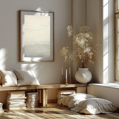 This captivating artwork captures the serene beauty of a misty horizon with delicate shades of for nook