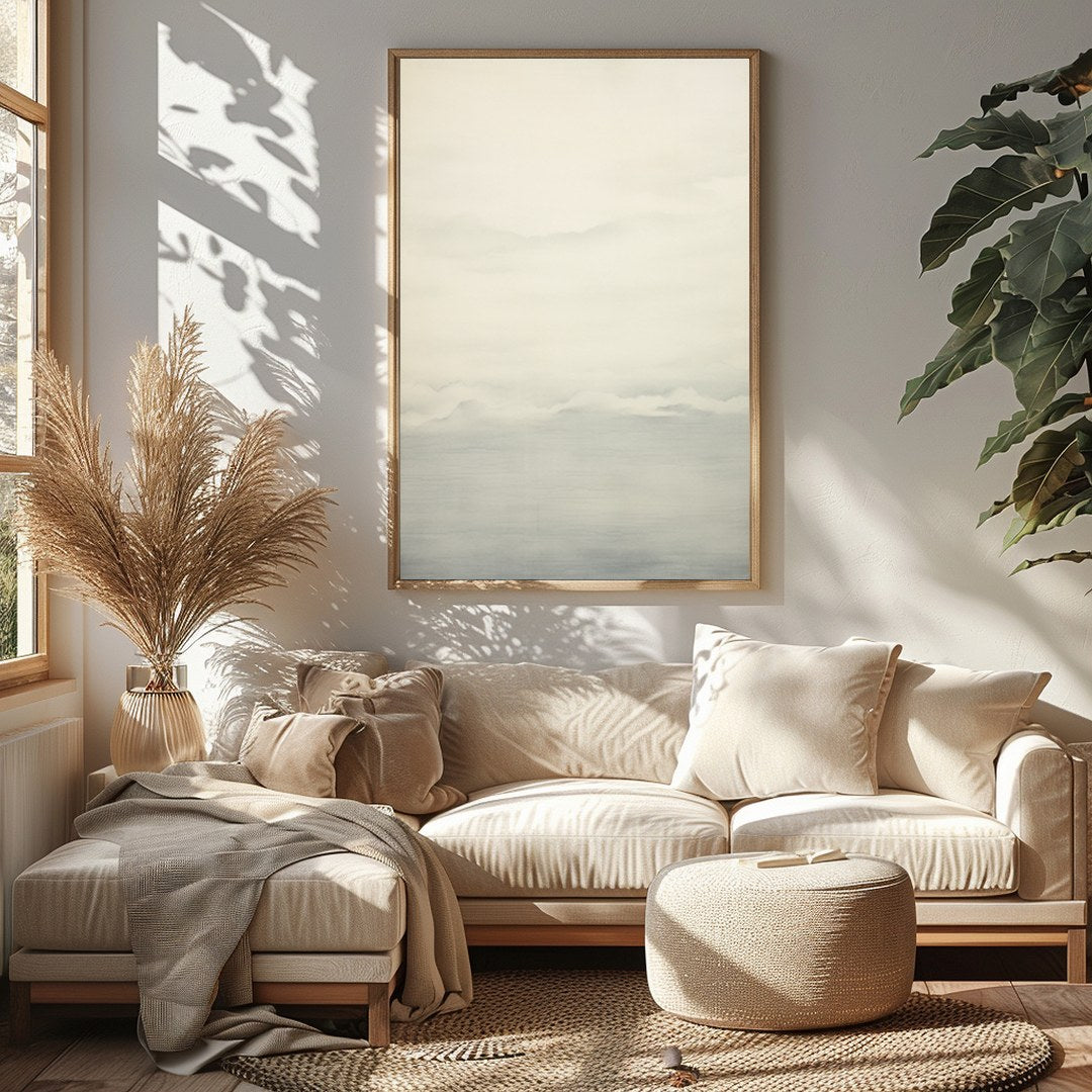 This captivating artwork captures the serene beauty of a misty horizon with delicate shades of for Sitting Area