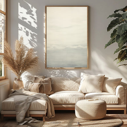 This captivating artwork captures the serene beauty of a misty horizon with delicate shades of for Sitting Area
