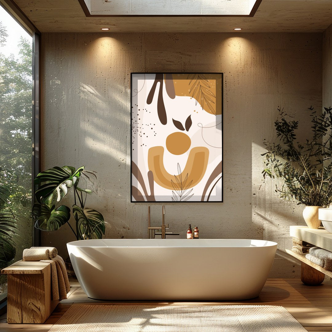 This captivating artwork blends abstract forms with botanical elements, creating a harmonious for Bathroom