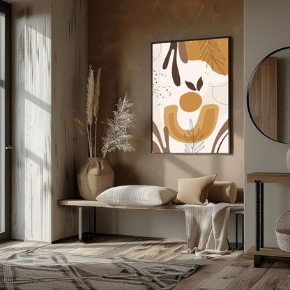 This captivating artwork blends abstract forms with botanical elements, creating a harmonious for space