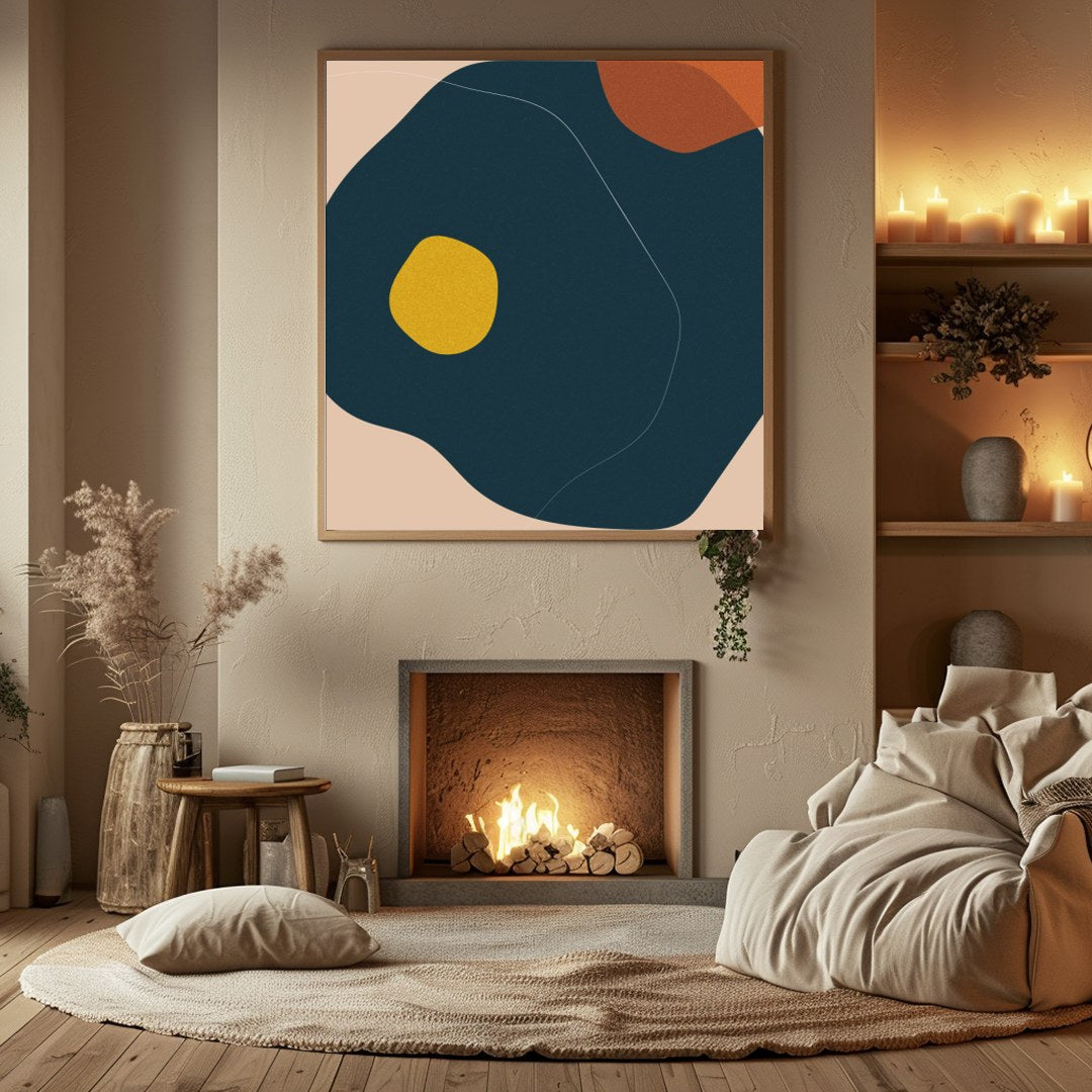 This artwork features a striking composition of organic shapes in earthy tones. The fluid design for Hall
