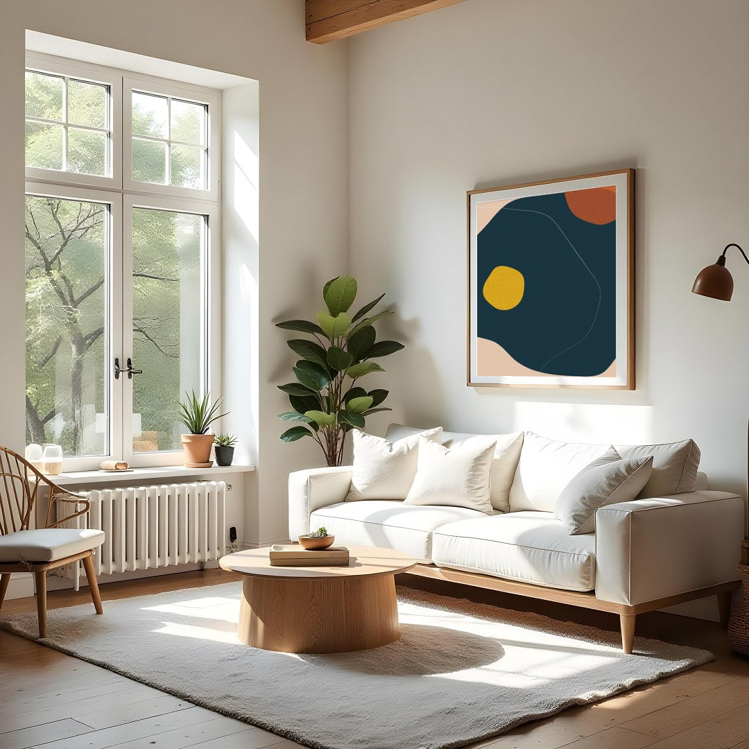 This artwork features a striking composition of organic shapes in earthy tones. The fluid design for Living Room