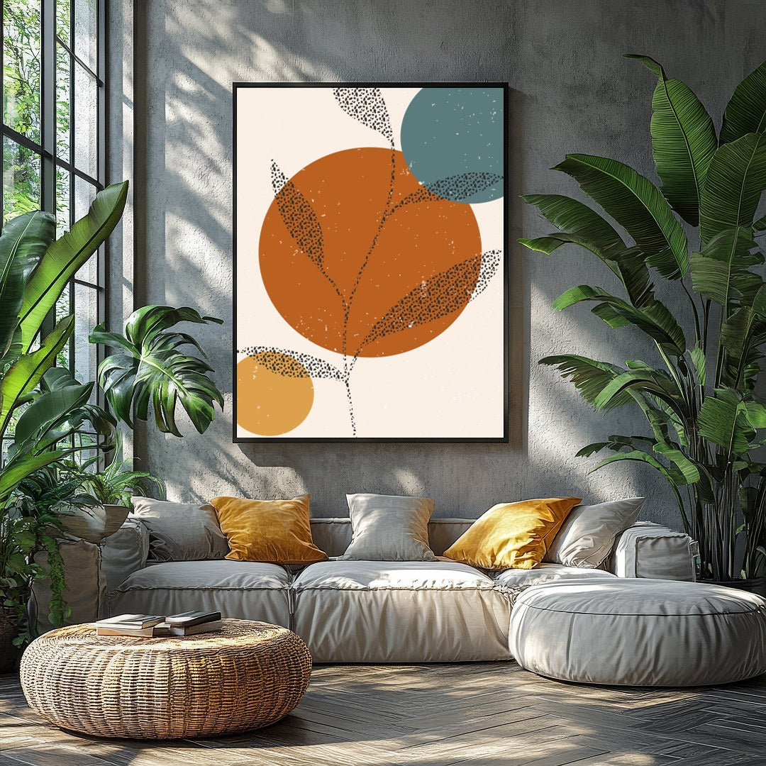 This captivating piece blends minimalist design with earthy tones, featuring abstract botanical for Balcony