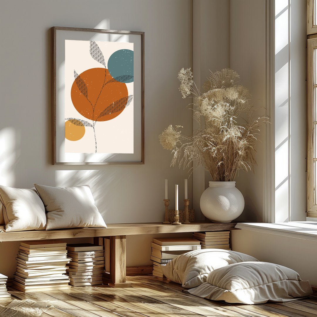 This captivating piece blends minimalist design with earthy tones, featuring abstract botanical for dwelling