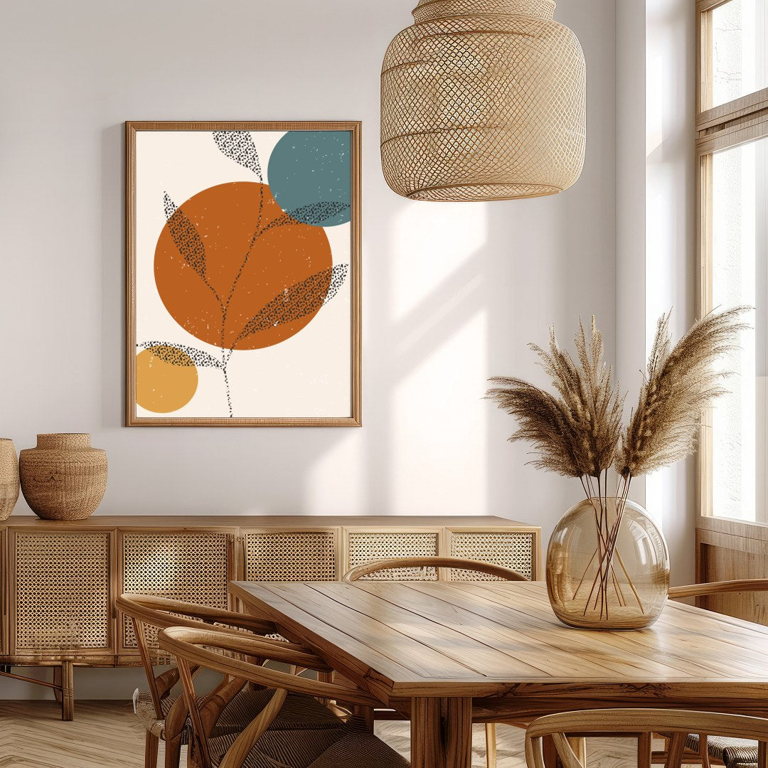 This captivating piece blends minimalist design with earthy tones, featuring abstract botanical for Extra Kitchen