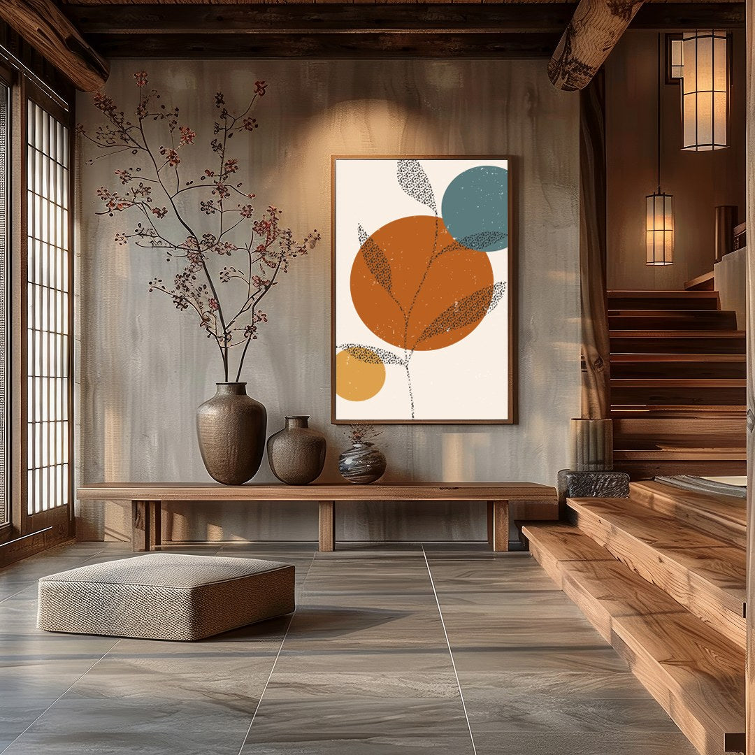 This captivating piece blends minimalist design with earthy tones, featuring abstract botanical for Hall