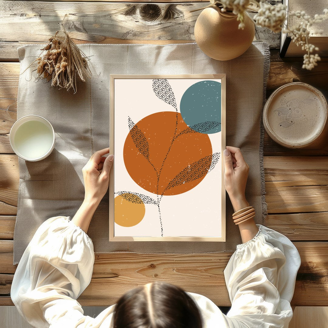 This captivating piece blends minimalist design with earthy tones, featuring abstract botanical for Kitchen