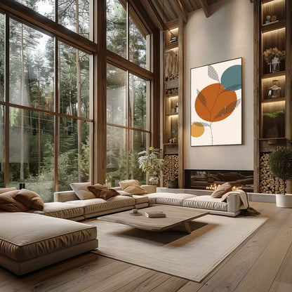 This captivating piece blends minimalist design with earthy tones, featuring abstract botanical for Living Room
