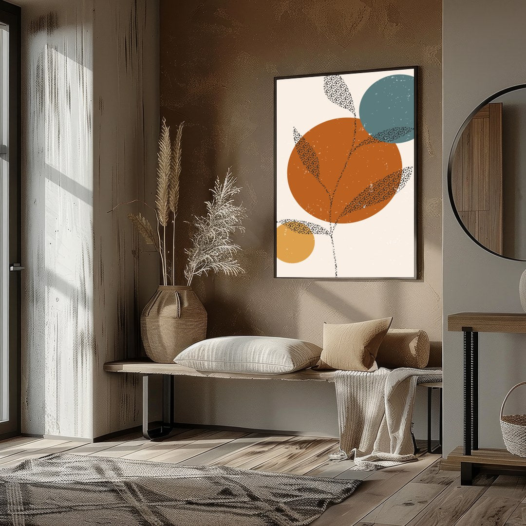 This captivating piece blends minimalist design with earthy tones, featuring abstract botanical for sanctuary