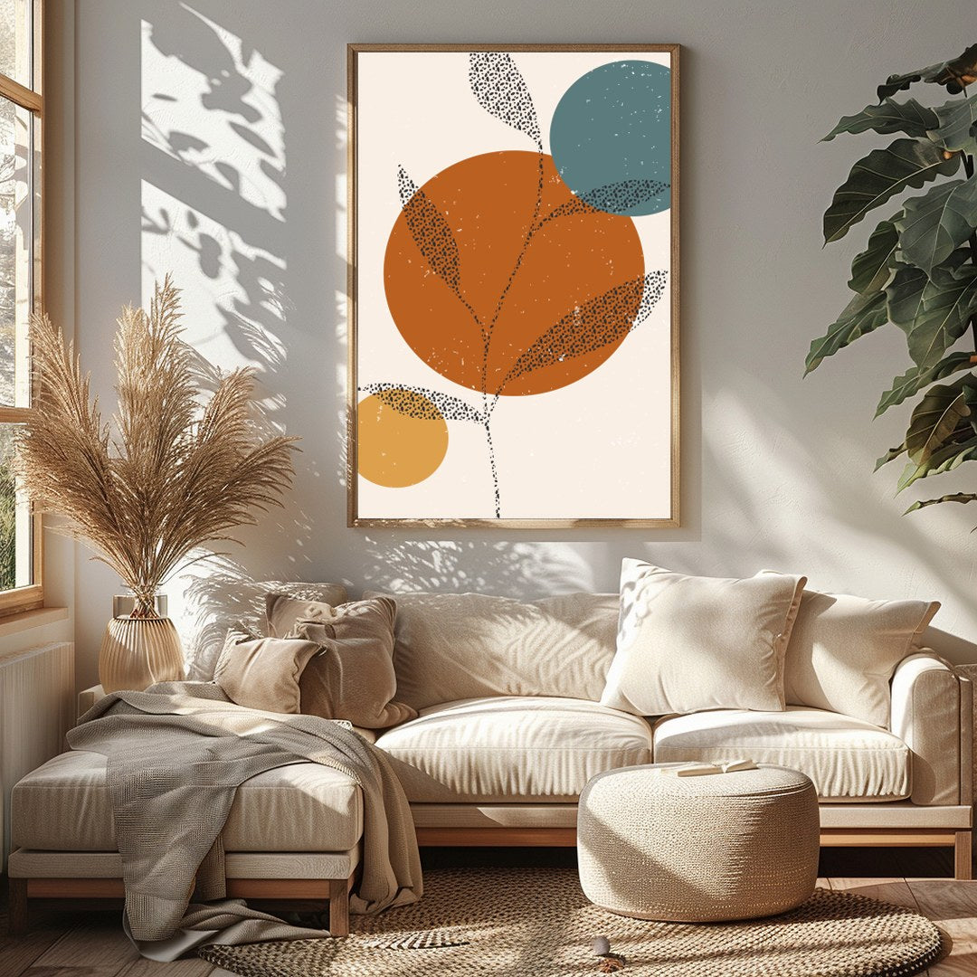 This captivating piece blends minimalist design with earthy tones, featuring abstract botanical for Sitting Area