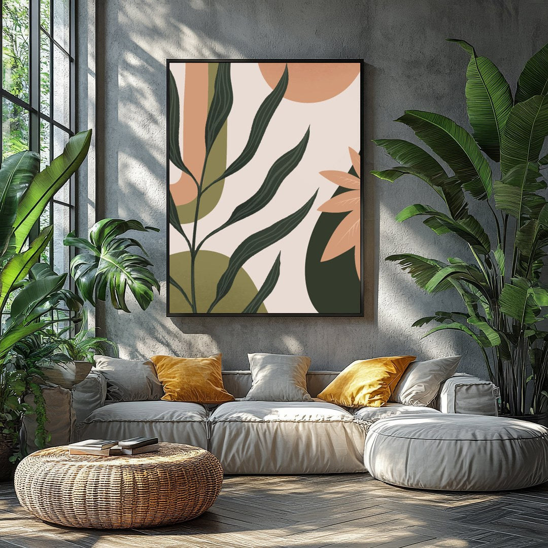 Enliven your space with this stunning modern botanical artwork, featuring elegant leaf motifs for Balcony