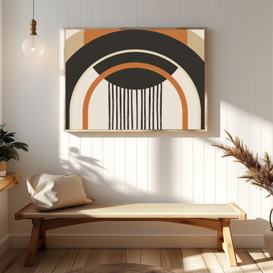 This striking piece of wall art features bold geometric shapes that captivate the eye with its for Hallway