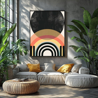 Elevate your space with this modern geometric artwork featuring striking arches and a bold black for Balcony