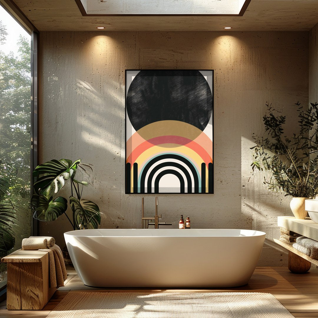 Elevate your space with this modern geometric artwork featuring striking arches and a bold black for Bathroom