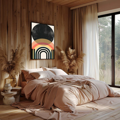 Elevate your space with this modern geometric artwork featuring striking arches and a bold black for Bedroom