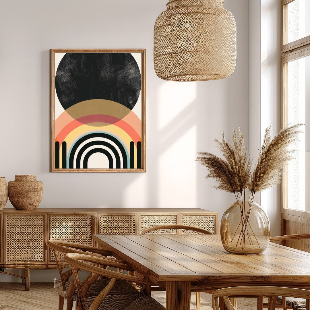 Elevate your space with this modern geometric artwork featuring striking arches and a bold black for Extra Kitchen