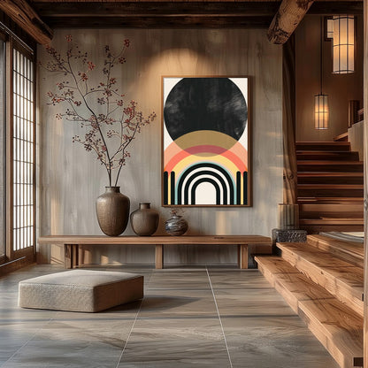 Elevate your space with this modern geometric artwork featuring striking arches and a bold black for Hall