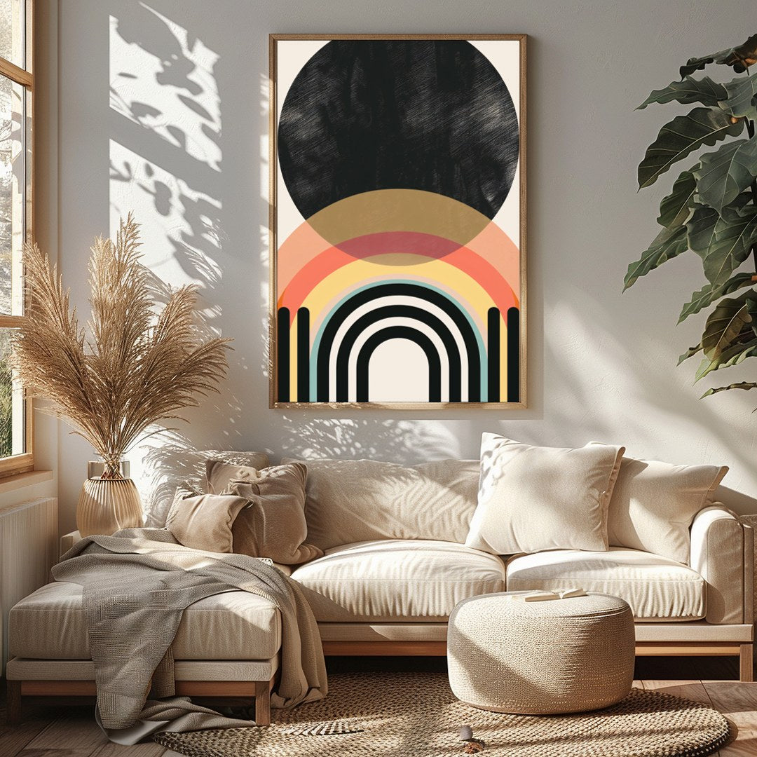 Elevate your space with this modern geometric artwork featuring striking arches and a bold black for Sitting Area