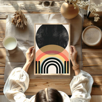 Elevate your space with this modern geometric artwork featuring striking arches and a bold black for studio