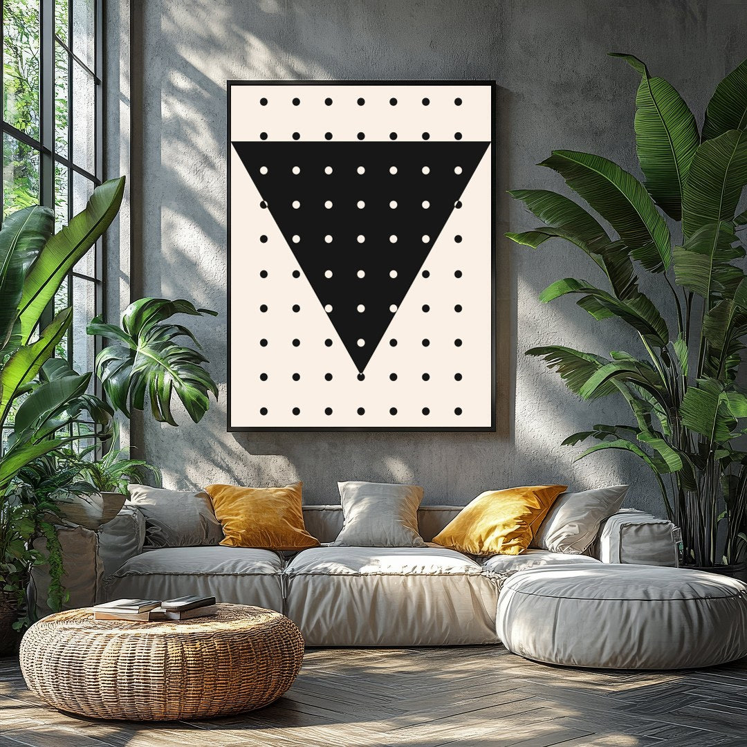This contemporary wall art piece features a striking black inverted triangle adorned with evenly for Balcony