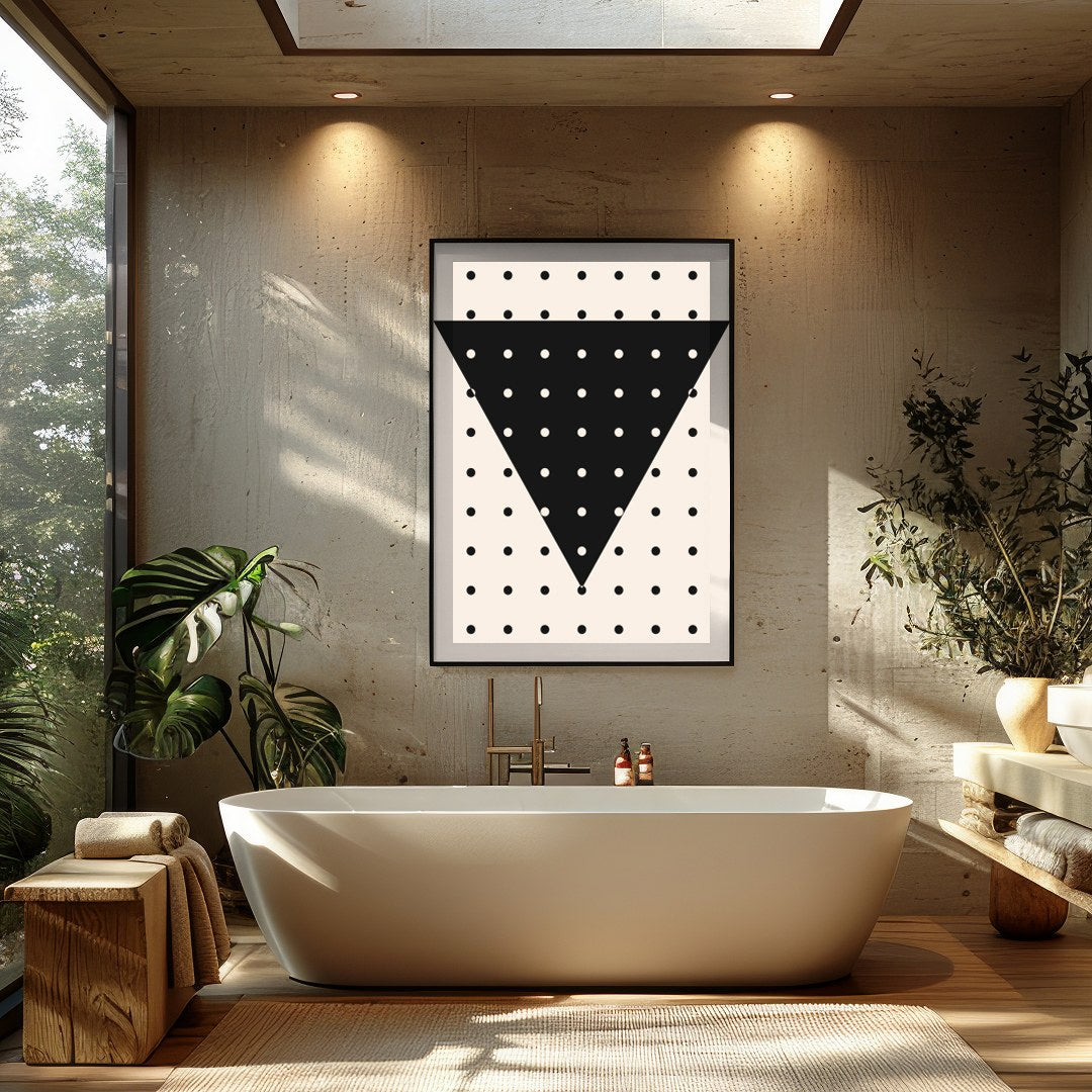 This contemporary wall art piece features a striking black inverted triangle adorned with evenly for Bathroom