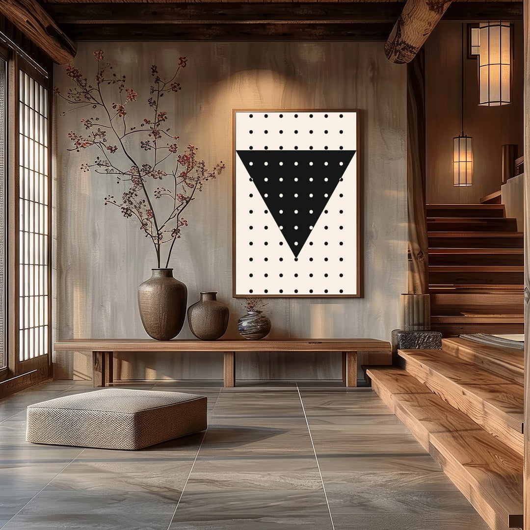 This contemporary wall art piece features a striking black inverted triangle adorned with evenly for Hall