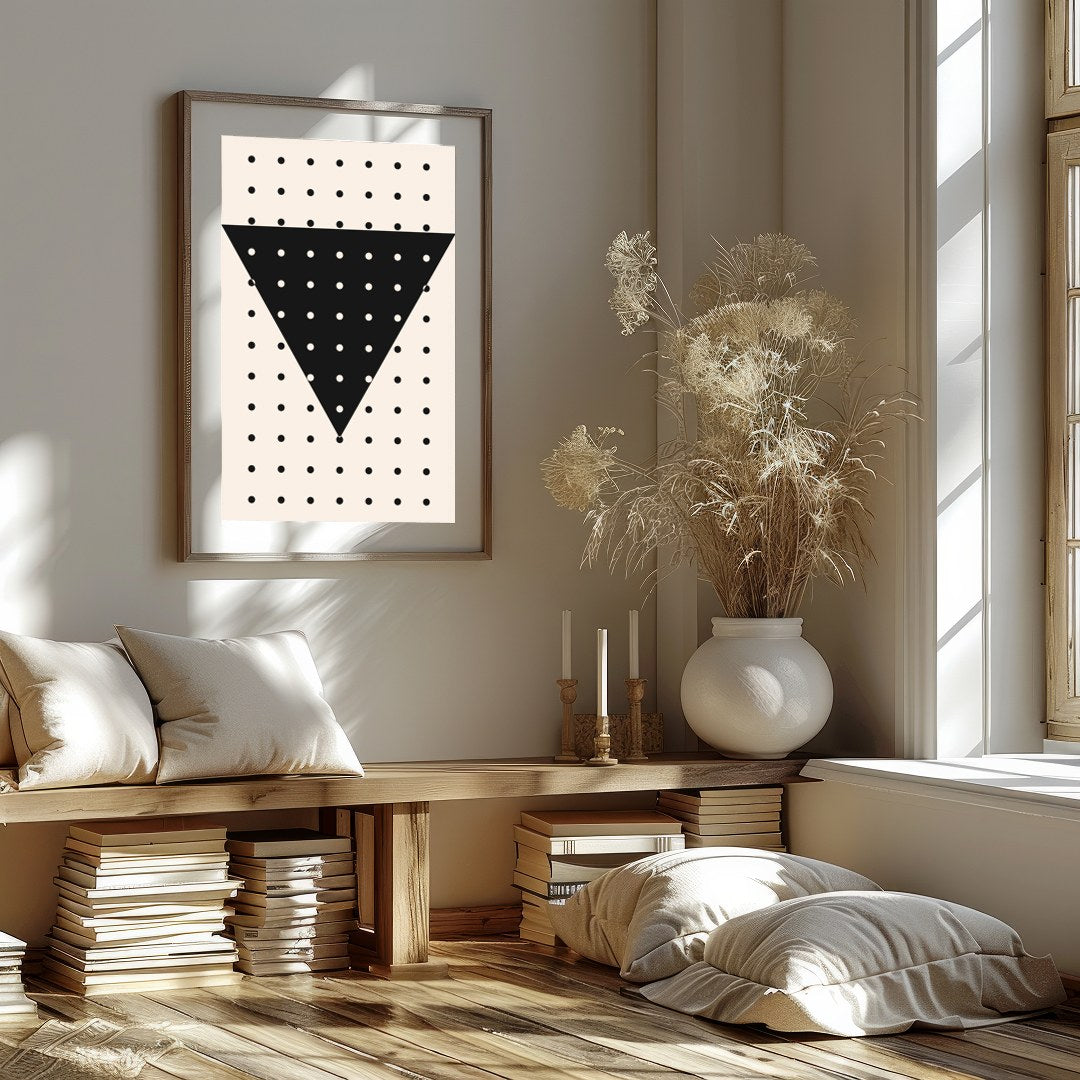 This contemporary wall art piece features a striking black inverted triangle adorned with evenly for space