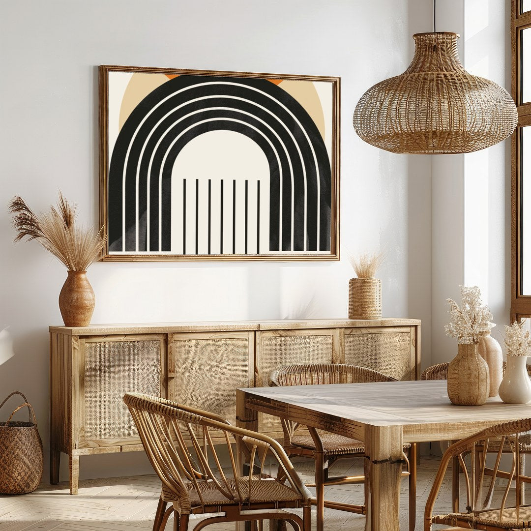 This captivating piece combines modern geometric patterns with a soothing color palette. Perfect for Dining