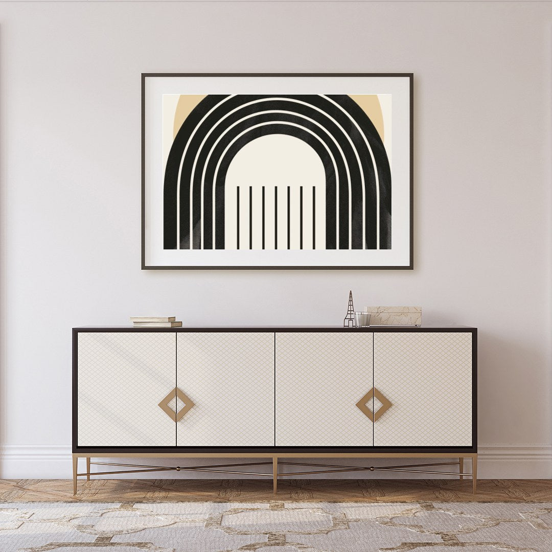 This captivating piece combines modern geometric patterns with a soothing color palette. Perfect for Foyer