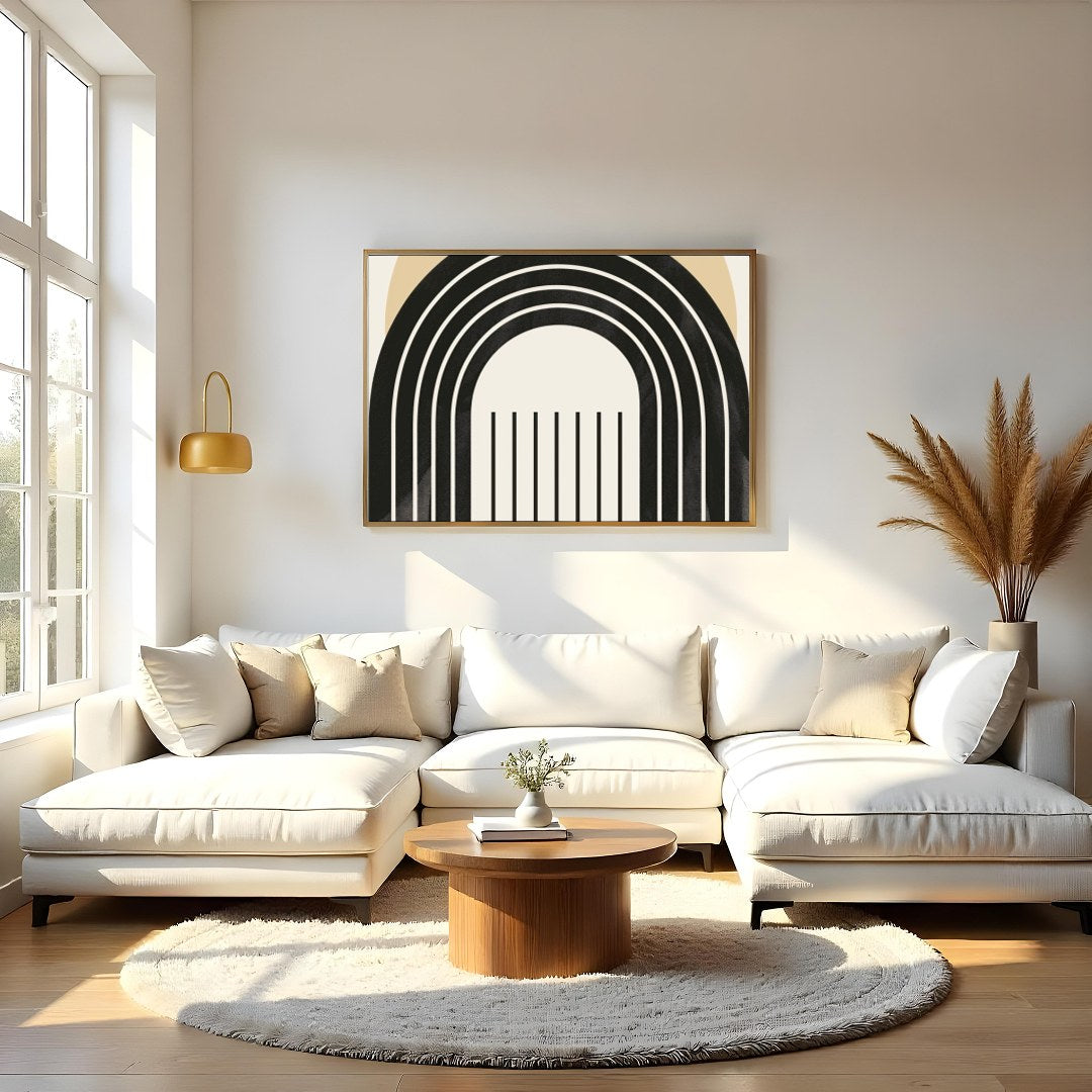 This captivating piece combines modern geometric patterns with a soothing color palette. Perfect for Living Room