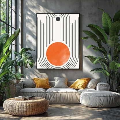 This captivating piece features a striking geometric design with a bold, orange sun-like circle at for Balcony