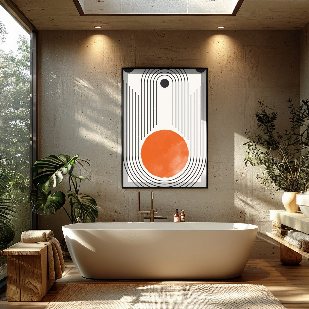 This captivating piece features a striking geometric design with a bold, orange sun-like circle at for Bathroom