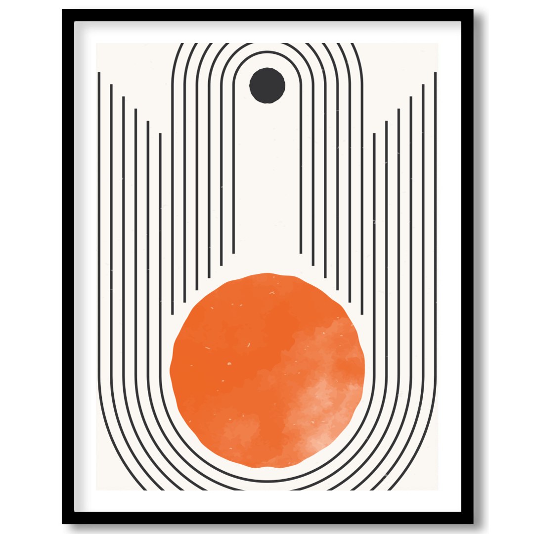 This captivating piece features a striking geometric design with a bold, orange sun-like circle at for decor