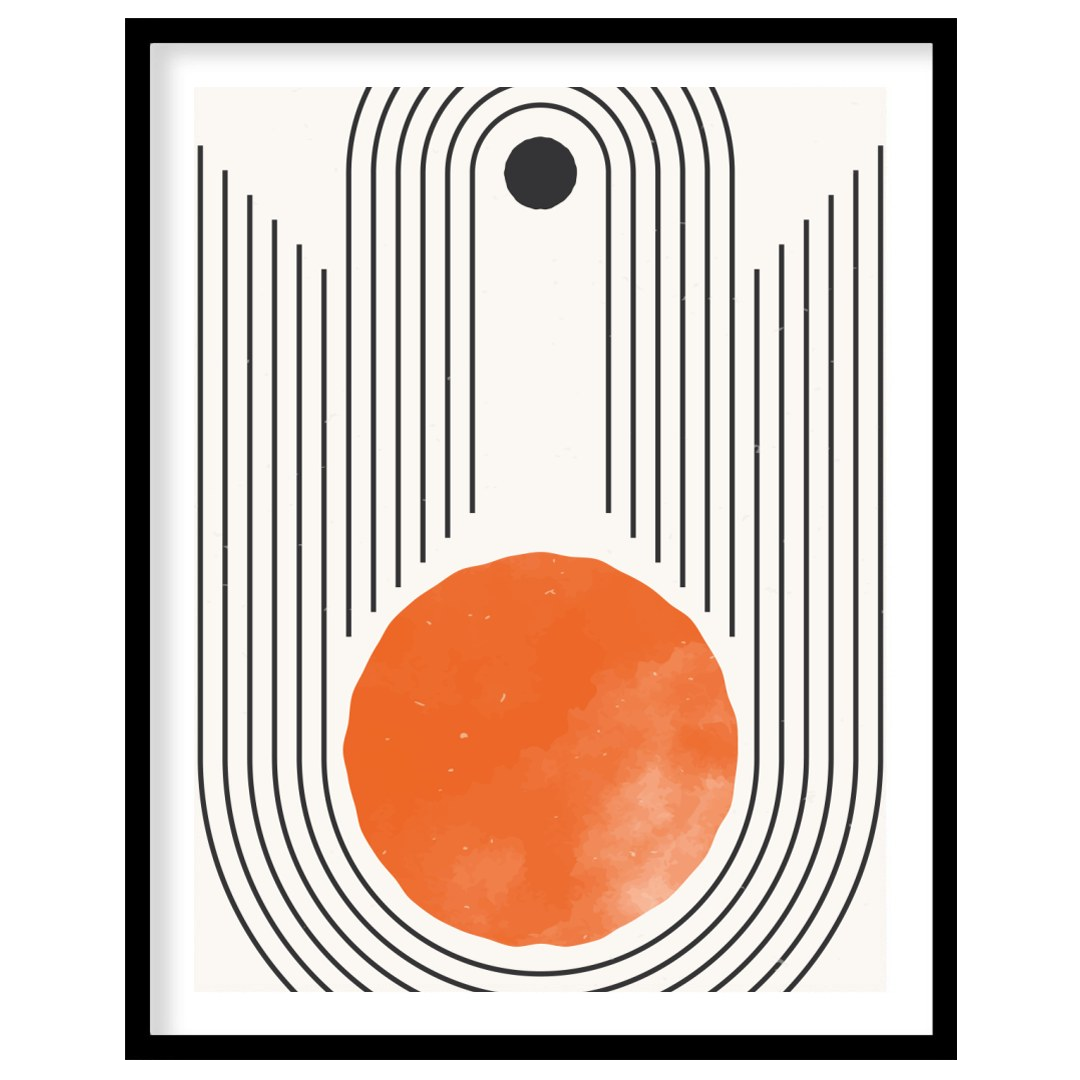 This captivating piece features a striking geometric design with a bold, orange sun-like circle at for decor