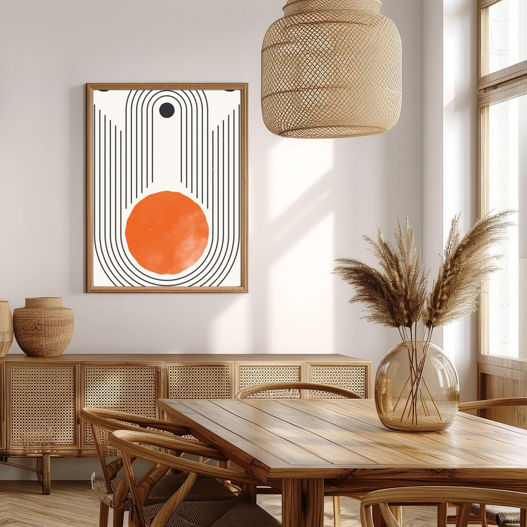 This captivating piece features a striking geometric design with a bold, orange sun-like circle at for Extra Kitchen