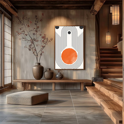 This captivating piece features a striking geometric design with a bold, orange sun-like circle at for Hall