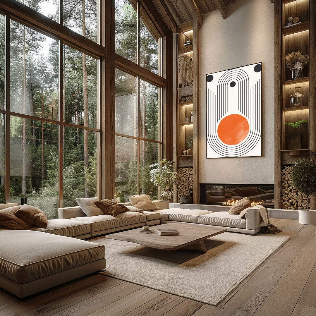 This captivating piece features a striking geometric design with a bold, orange sun-like circle at for Living Room