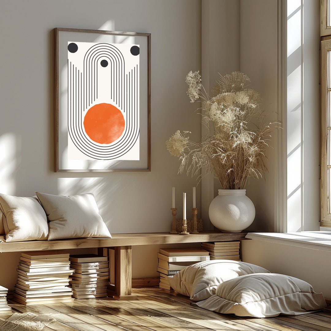 This captivating piece features a striking geometric design with a bold, orange sun-like circle at for office