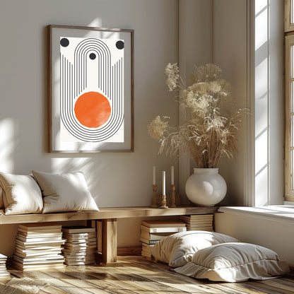 This captivating piece features a striking geometric design with a bold, orange sun-like circle at for office