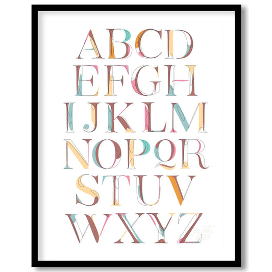 This contemporary and stylish poster features the entire English alphabet presented in a unique lin… for place