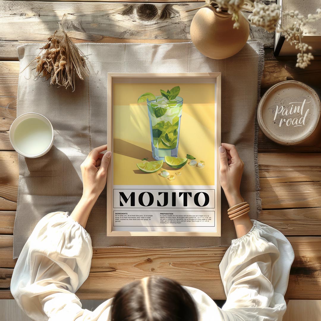 This vibrant poster showcases a refreshing Mojito cocktail, bursting with a fresh green and yellow … for kitchen